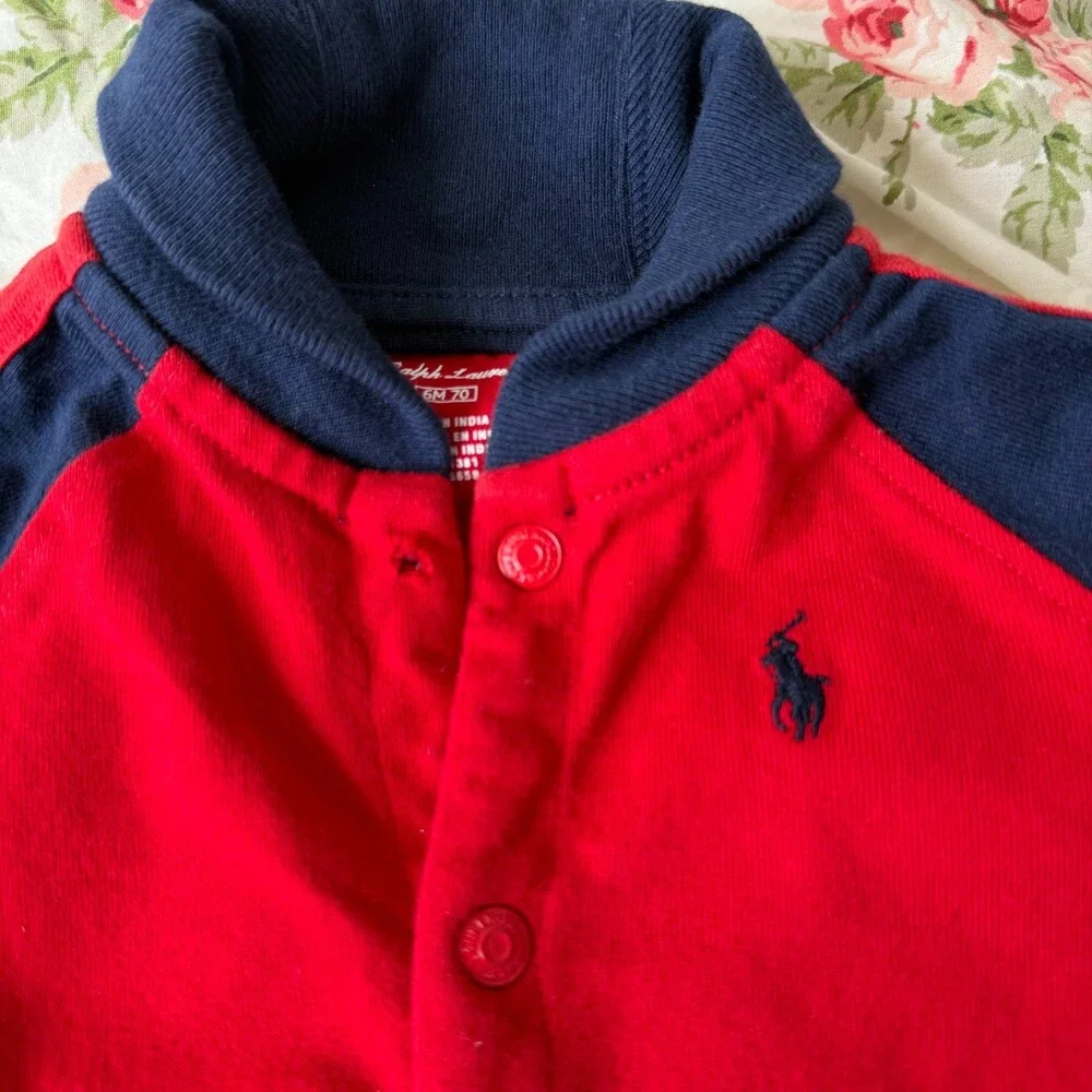 Ralph Lauren Baby Boy Shawl-Collar Cotton Coverall Bodysuit Red Blue 6M Pony